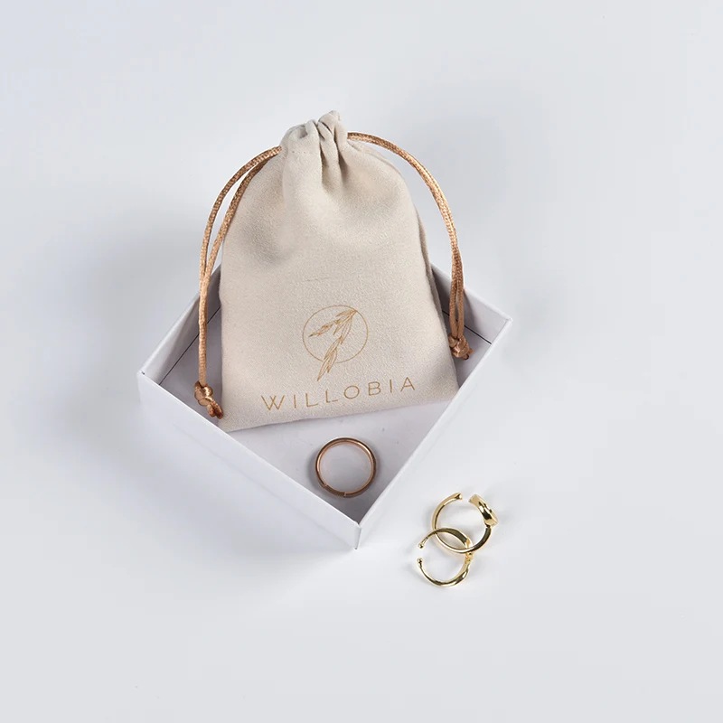 luxury faux suede jewelry drawstring pouch bag with gold logo printed