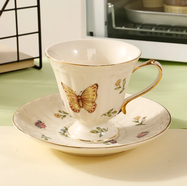 Exquisite New Bone China coffee tea cup & saucer ceramic tea set with insects and flowers pattern