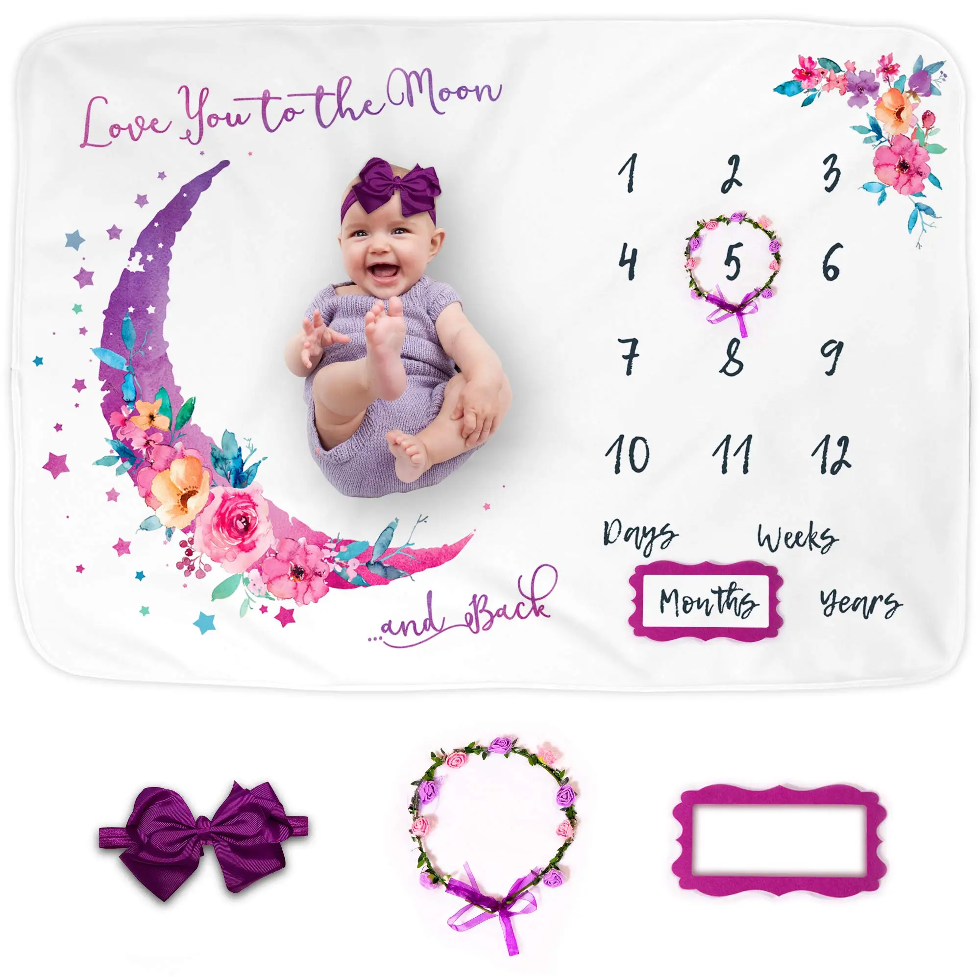 Flannel fleece baby monthly milestone blanket digital printed super soft baby monthly record growth milestone blanket for baby