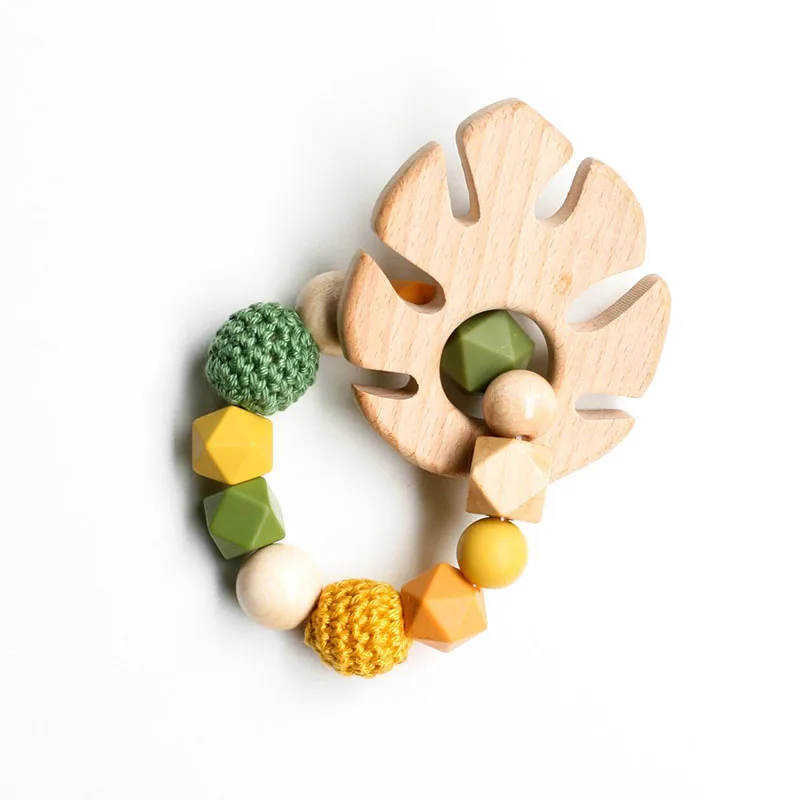 Newborn Baby Crochet Silicone Beads Teething Bracelet With Wooden Animal Leaf Teether Ring