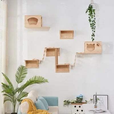 Solid wood wall jumping platform shelf wall mounted cat grab column cat toy all season wooden cat wall