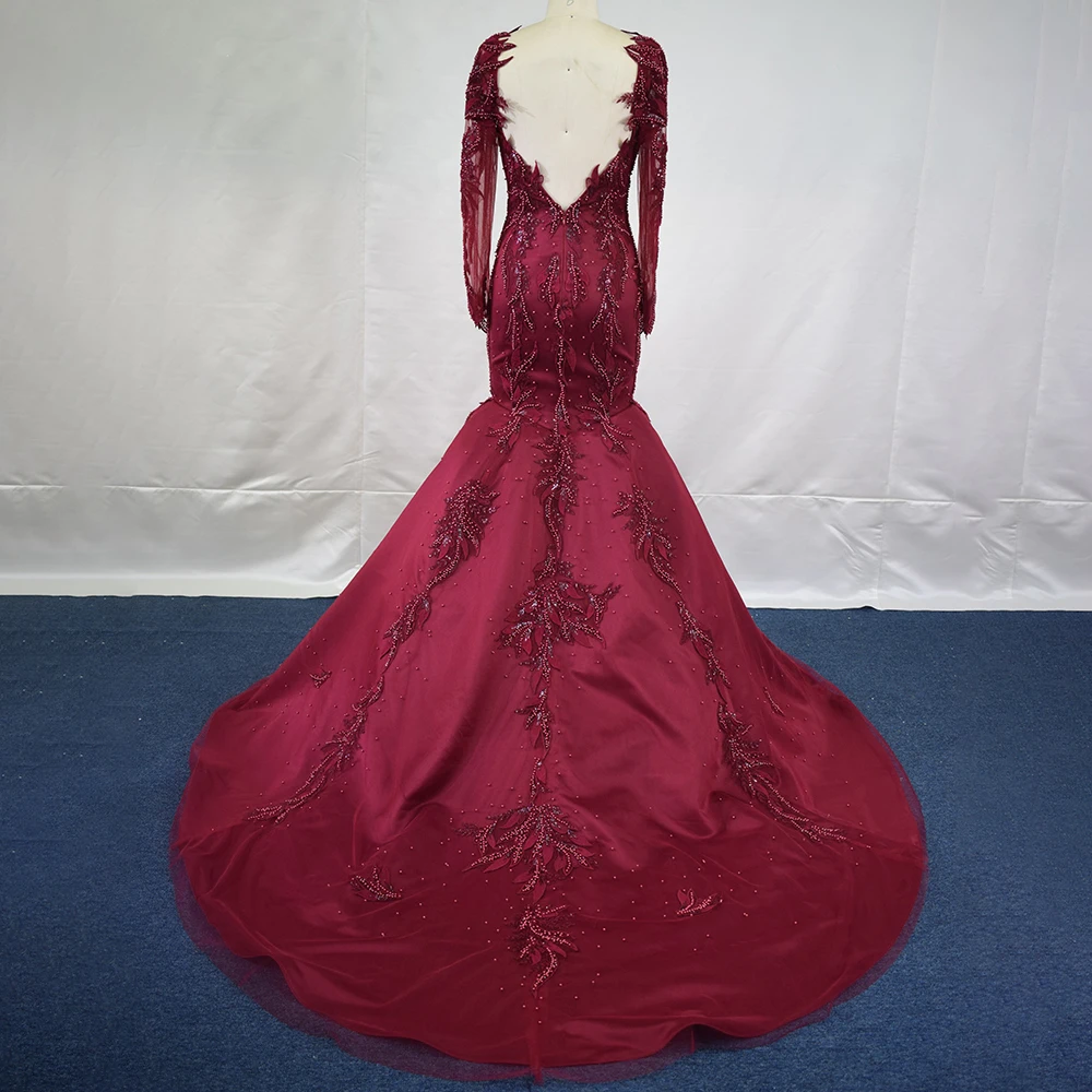 TEENYEE  Elegant Red Detachable Sleeves Satin Lace Beaded Wedding Dresses Mermaid Backless Evening Prom Gowns