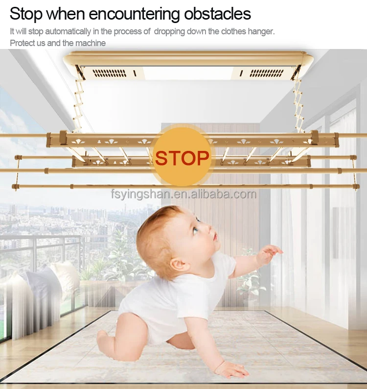 Factory Direct Sale Champaign Gold Aluminium Smart Electric Ceiling Mounted Hanging Clothes Drying Rack With Led Light