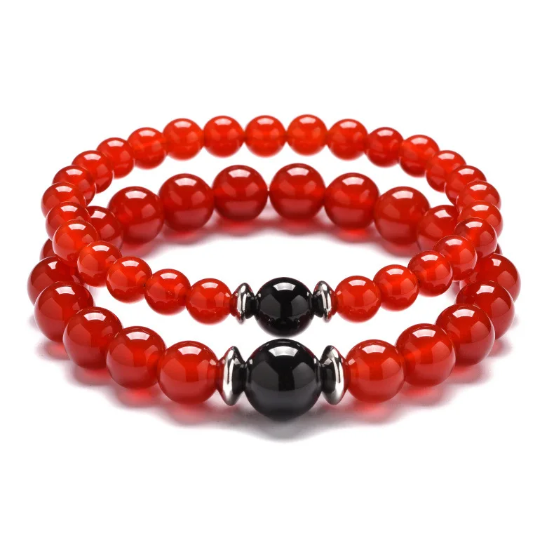 6mm 8mm Natural Black Onyx White Onyx Red Carnelian Agate Stainless Steel Spacer Couple Stone Stretch Bracelet