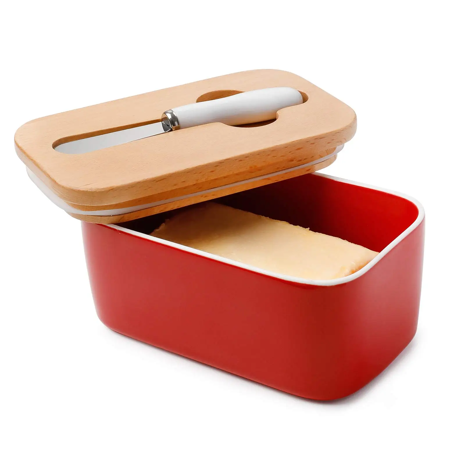 Custom ceramic food container round Rectangle Ceramic Large Butter Dish With Knife And Wooden Lid
