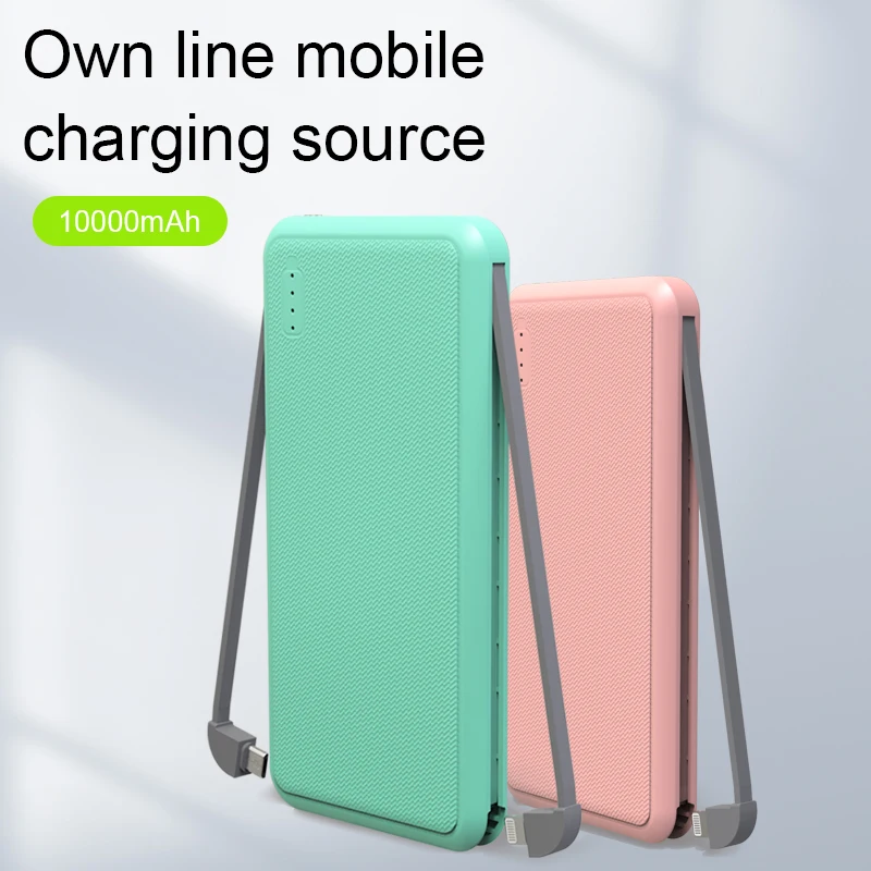 Внешний аккумулятор 10000 мАч собственный мобильный источник зарядки портативный внешний со скрытым зарядным кабелем для ios Android
