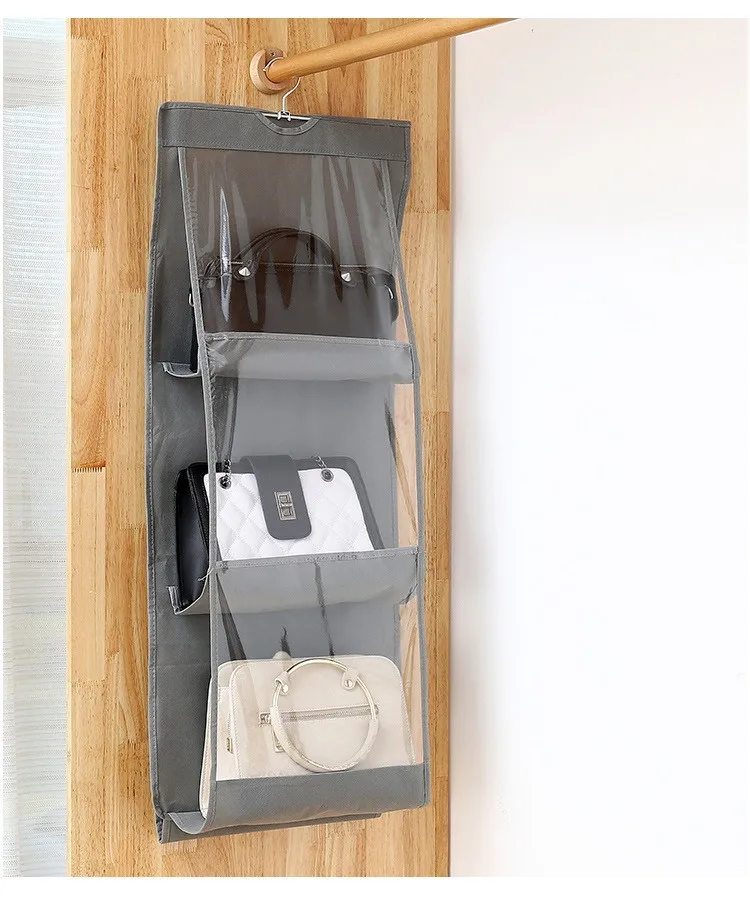 Home Organization 6 Pocket Gray Hook Hanger Big Bags Storage Hanging Handbag Organizer Storage Bag