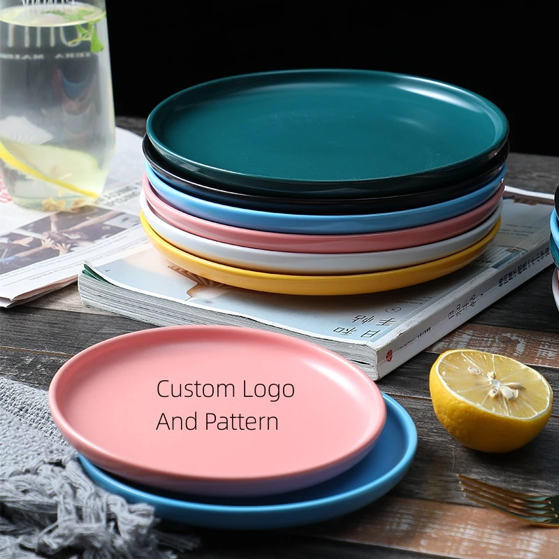 Custom Logo Luxury Solid Round Matte Surface Pottery Porcelain Ceramic Dinner Dish Rolling Tray Plates
