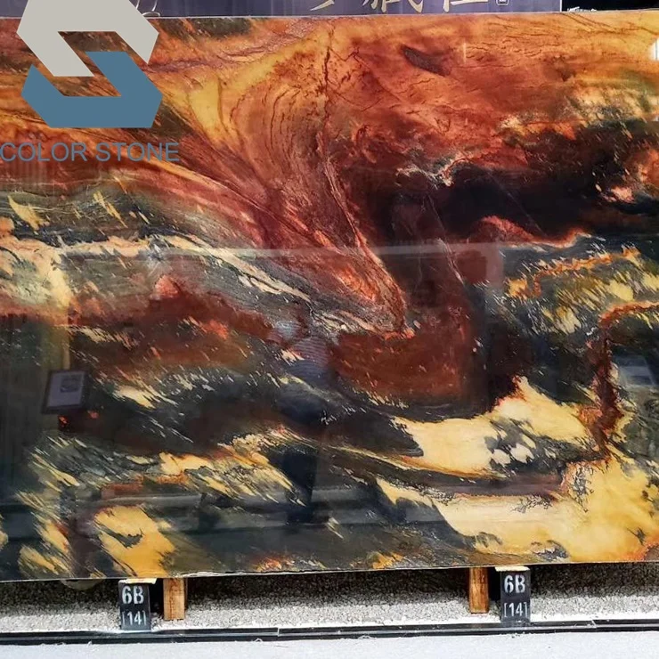 Bookmatched Stone Wall Bold Gold Yellow Waves Black Jacaranda Quartzite Slabs Kitchen Waterfall Island Tops