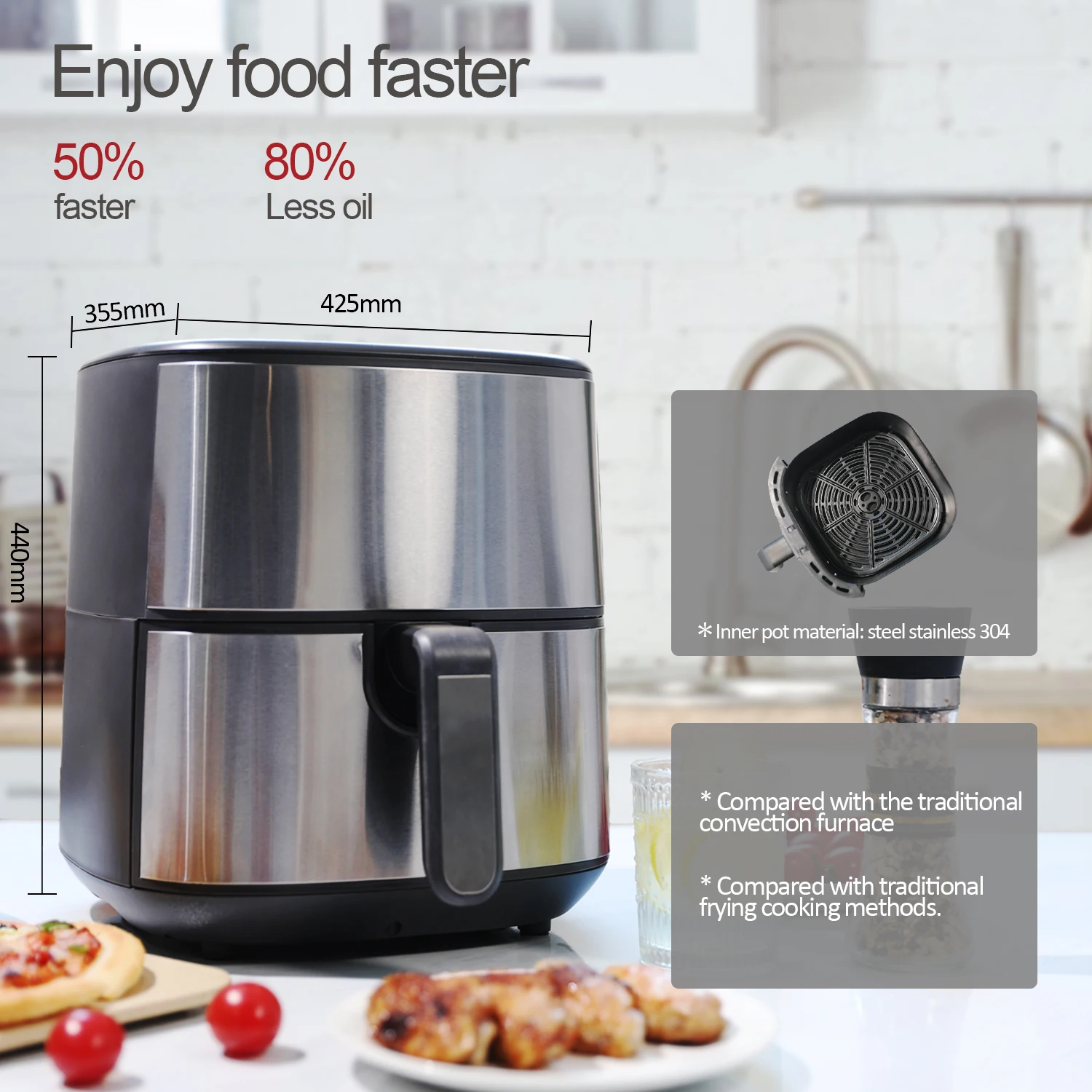 Low fat Non stick and easy to clean Accurate temperature control Transparent Oil free Airfryer fryer air