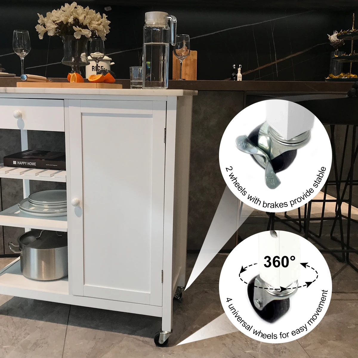 White 4-layer kitchen storage trolley dining trolley marble table top with drawer stand