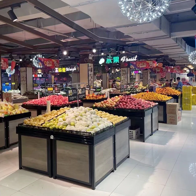 Meicheng Shop Racks Wooden Vegetable Stand Supermarket Steel Wood Fruit Vegetable Display Stand