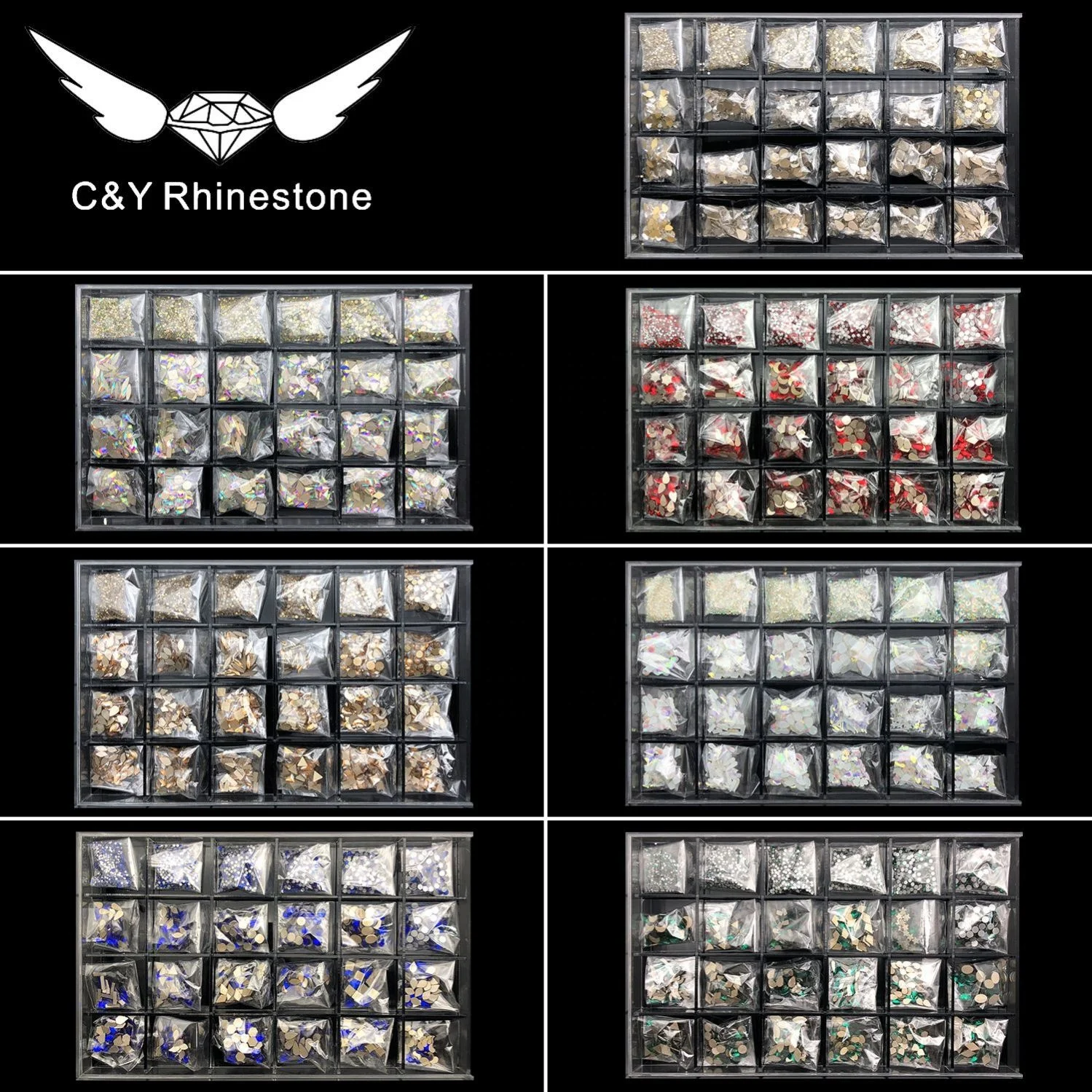 CY Customization Multi Color Shape Best Selling Glass Nail Stones Crystal Size 24 Grid Rhinestone