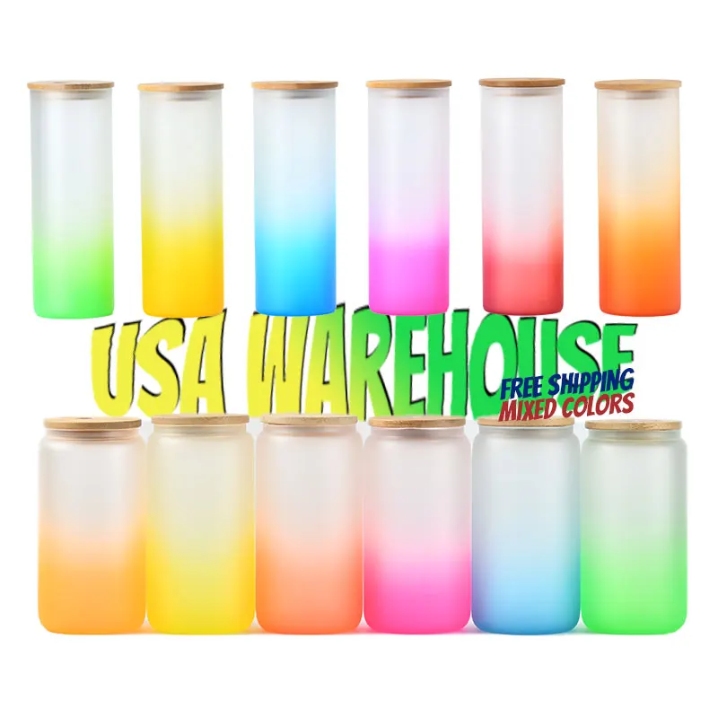 USA WAREHOUSE 16oz Frosted Beer Can Shaped Soda Gradient colorful Glass glass can with bamboo lid and straw
