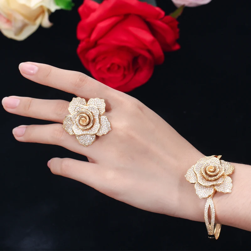 Cuff Style Full Pave Cubic Zircon Crystal Yellow Gold Color Big Geometric Rose Flower Bracelet Bangles Luxury Jewelry for Women