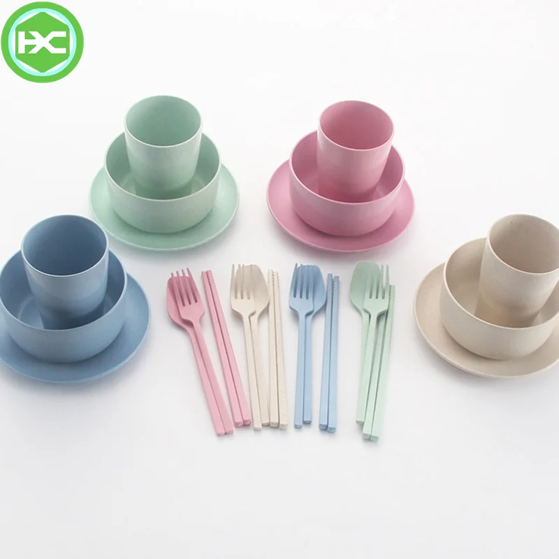 Wholesale Wheat Straw Kids Dinner Set Tableware Degradable Plates Cup Tableware Set Wheat Straw Cutlery Dinnerware Set