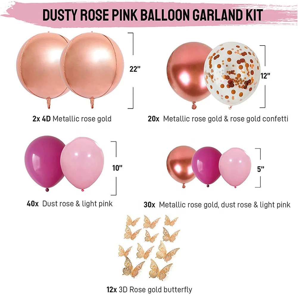Pink Balloon Garland Arch Kit Butterfly Stickers Hot Pink Latex Balloons for Birthday Wedding Party Baby Shower Decorations