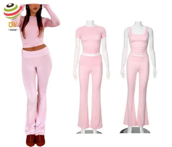 QY52 2024 осенние комплекты для женщин комплект из 2 предметов женская одежда повседневный розовый Y2k одежда с длинным рукавом топ и брюки с низкой талией