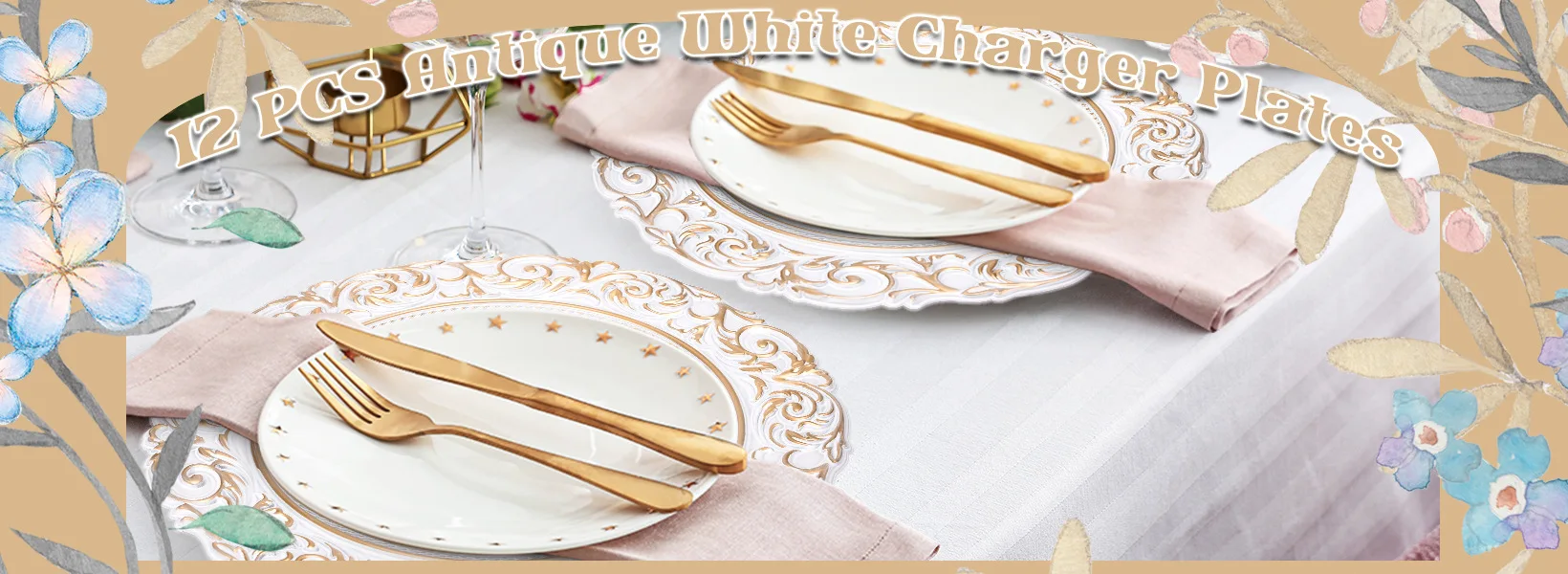 Antique Charger Plates,13 Inch White Round Plastic Embossed Charger Plate for Dinner Party Wedding Elegant Tableware Decoration