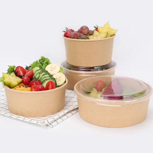 Kraft Paper Packaging Cup Bowl Tube Food Packaging Noodle Soup Salad Bowl with Lids Takeaway Food Packaging