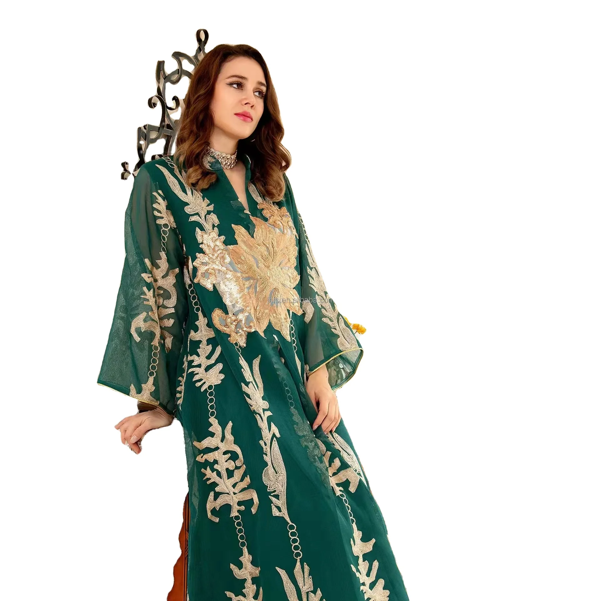 J&H 2022 new arrivals luxurious sequin embroidery moroccan kaftan high quality dubai abaya muslim dress