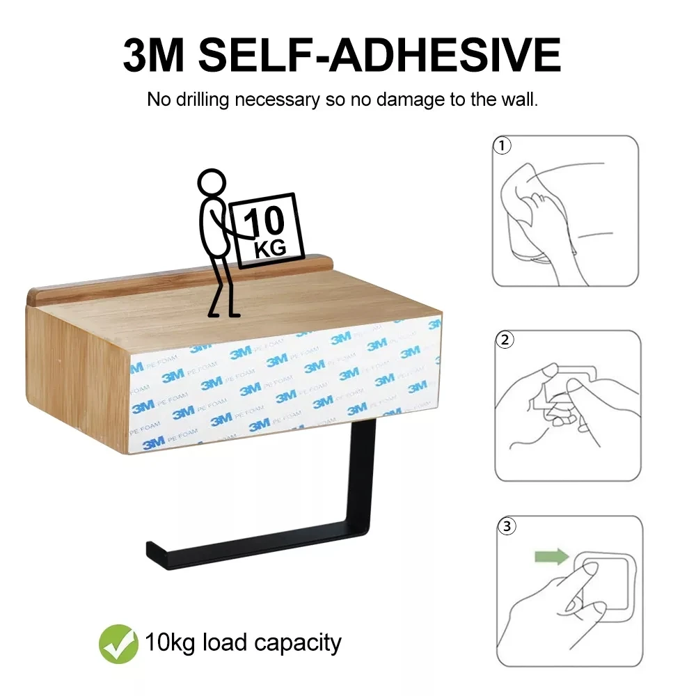 Amazon Hot Selling Self-adhesive Sticker Storage Holder Bamboo Wall Mounted Bathroom Toilet Paper Roll Holder with Storage
