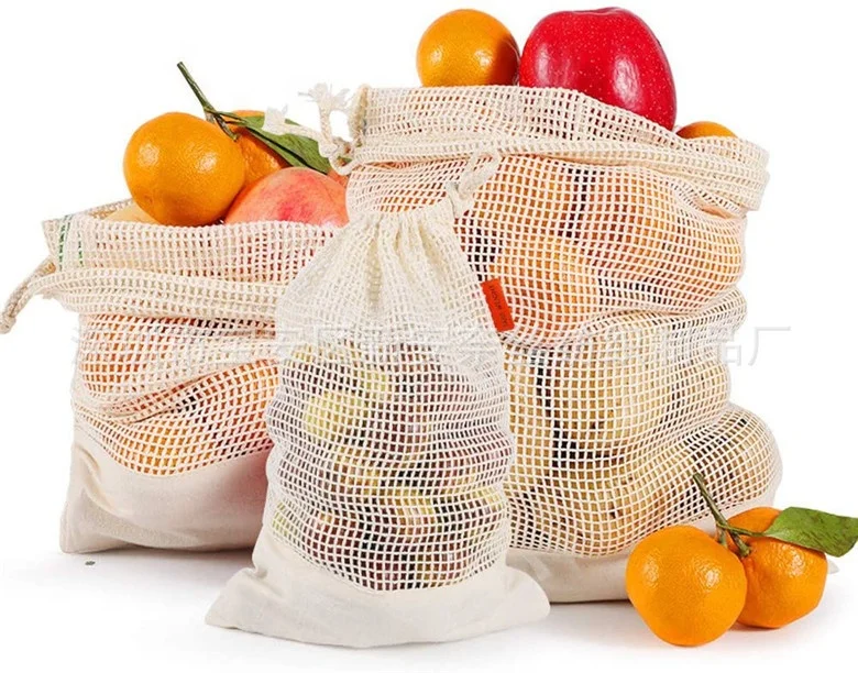 Eco-friendly Custom Muslin Cotton Multi Purpose Kitchen closet storage bag reusable Washable mesh shopping bag for grocery