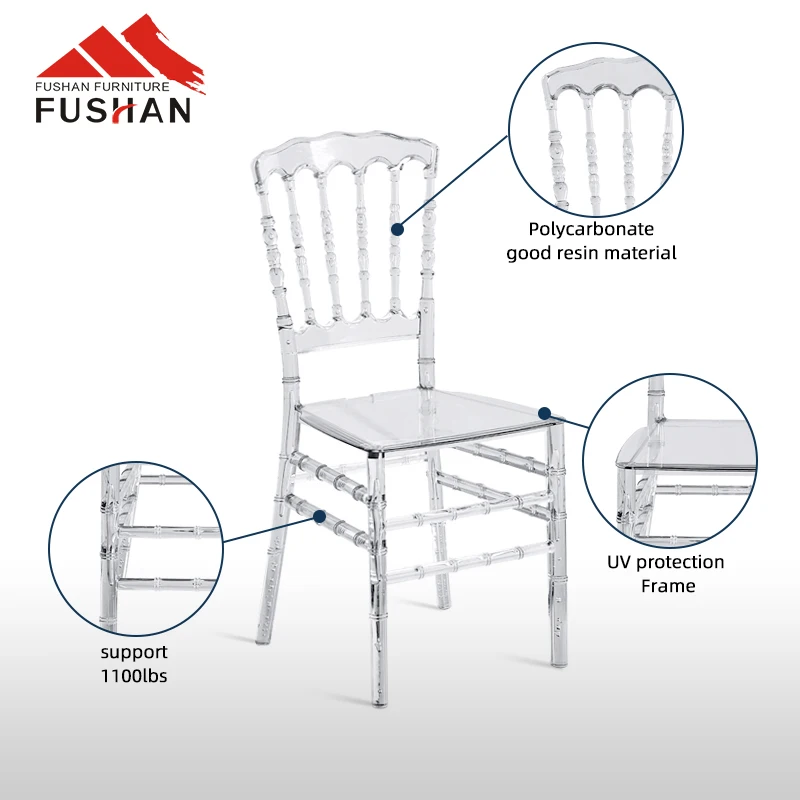 Wholesale elegant resin napoleon chair plastic acrylic ghost crystal clear wedding chair event rental stacking ghost chair