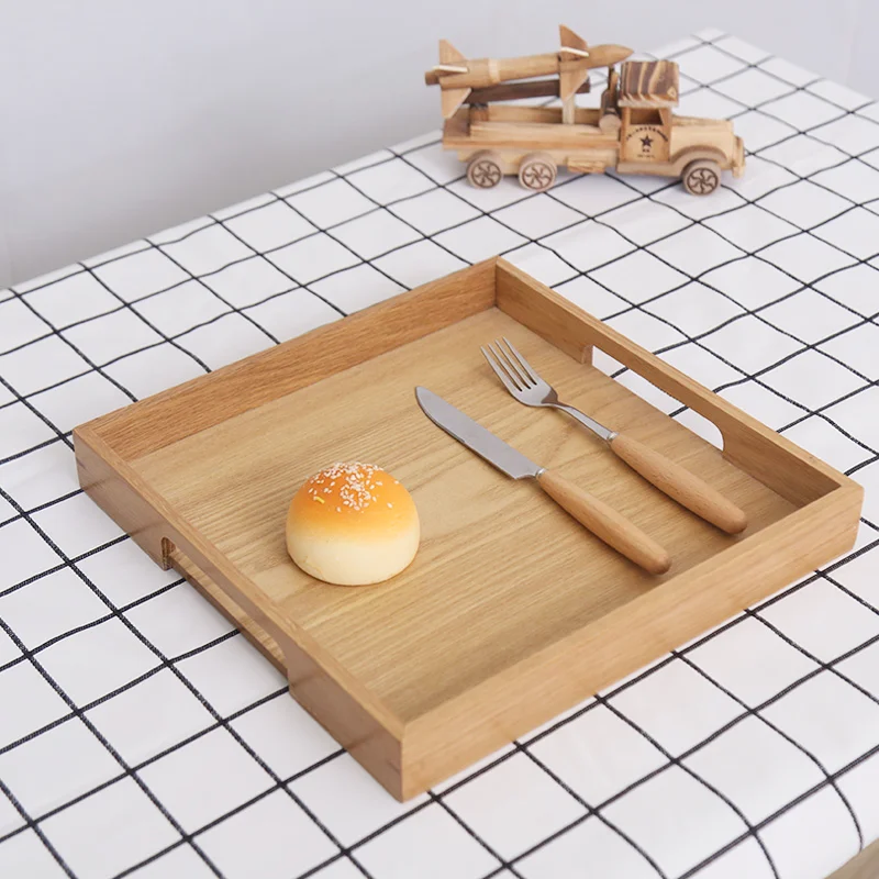 Nordic wooden tray creative living room household rectangular acacia Wooden Serving Tray with stainless steel handle