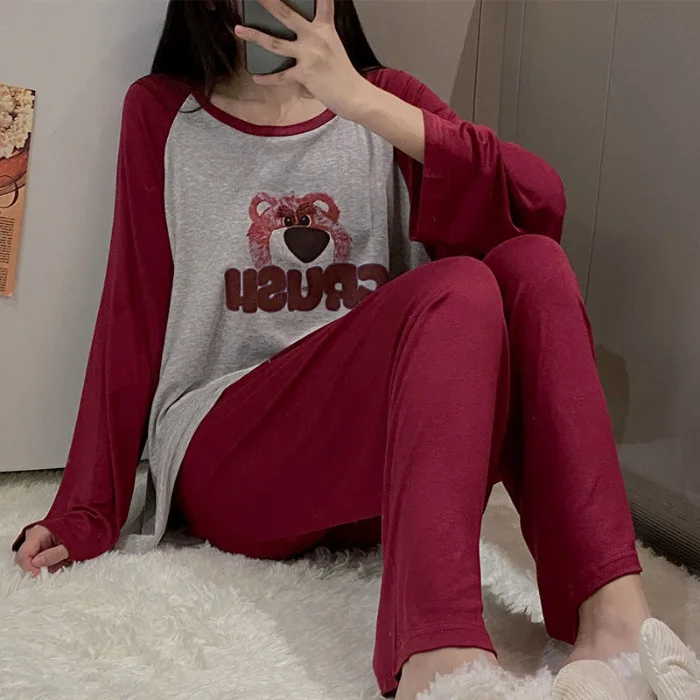 Autumn and Winter Cute Strawberry Bear Long Sleeve Pants Pajamas Cartoon Round Neck Loose Casual Sweet Live Home Clothes
