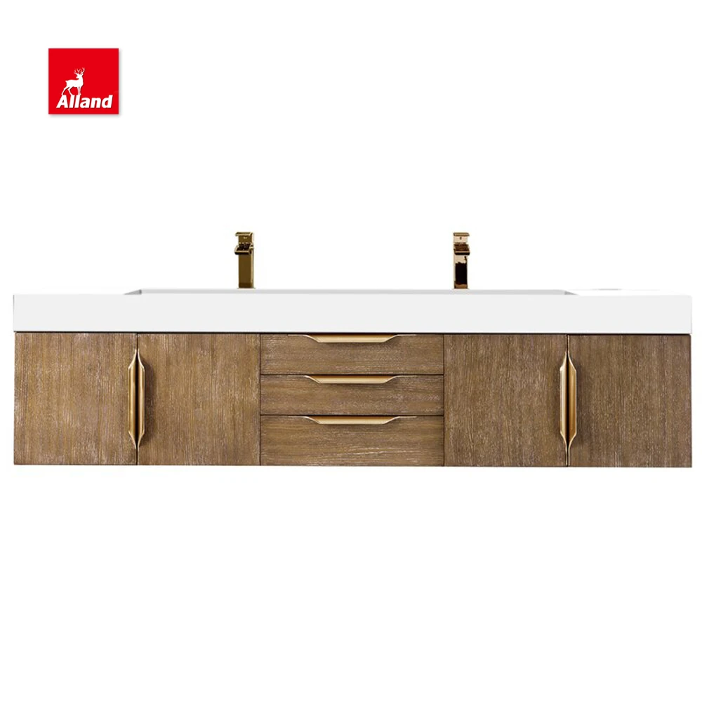 Allandcabinet Mid-Century Modern Brown Wood Grain Bathroom Vanity Custom Melamine Bathroom Furniture With Double Sink