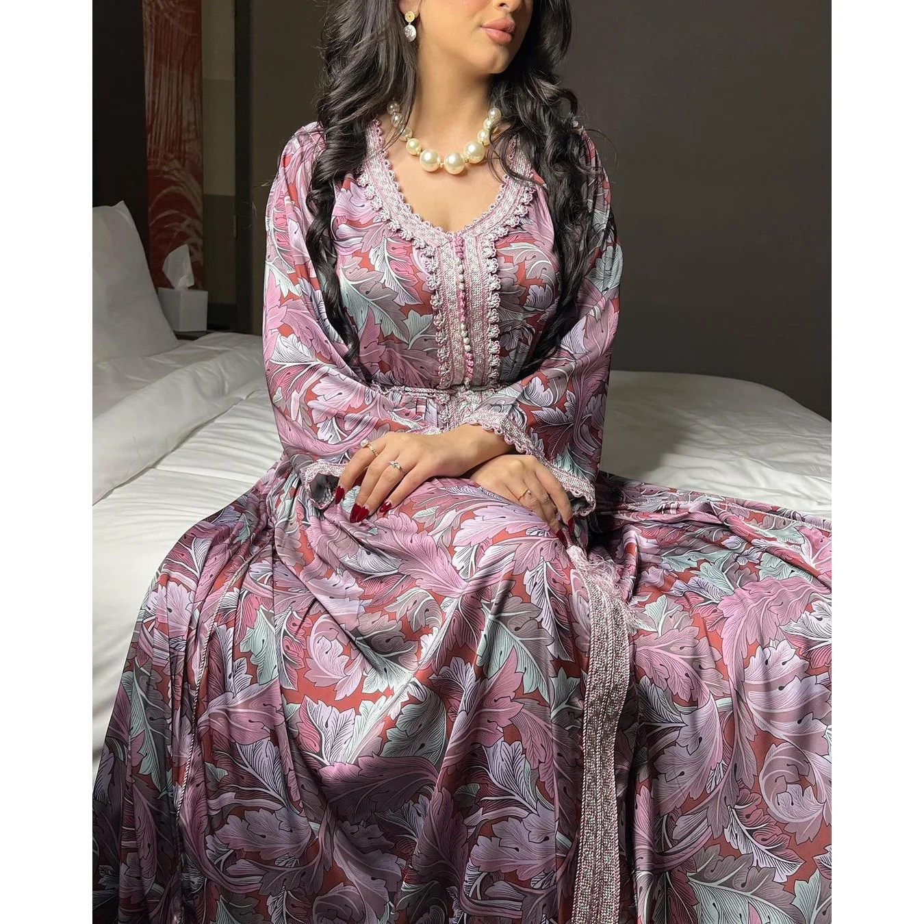 Wholesale custom Islamic Printed Middle East Arab Dubai Caftan Muslim Moroccan Kaftan With Mesh