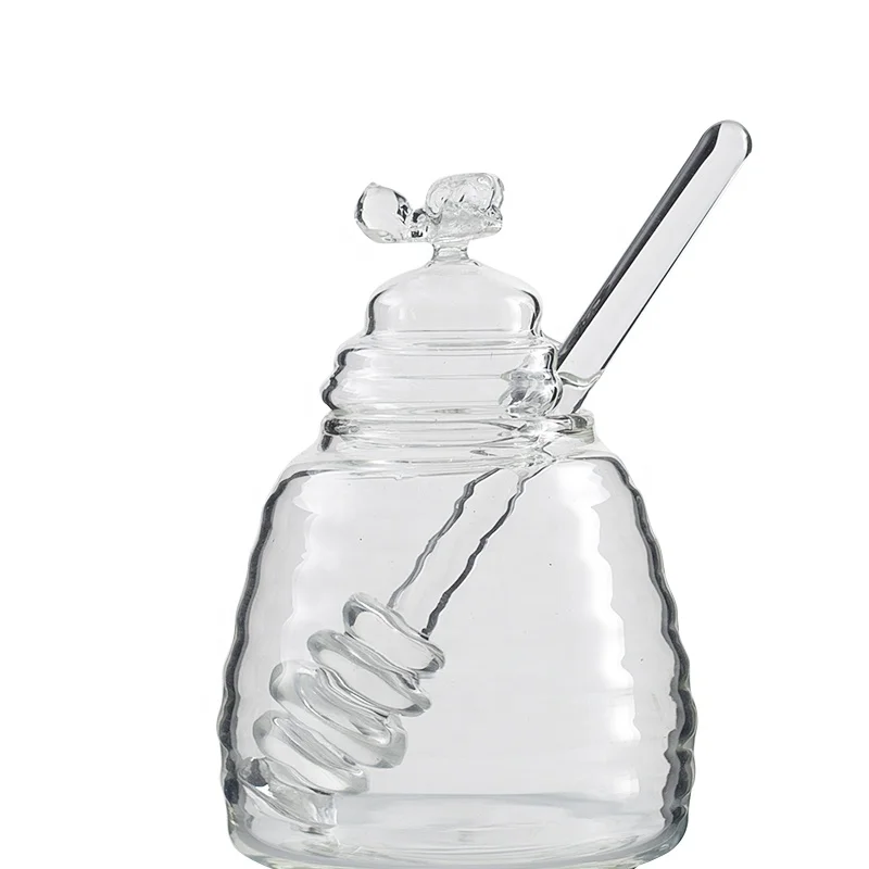 Creative European honeycomb type honeybee transparent lead-free glass honey jar for dessert shop with mixing spoon