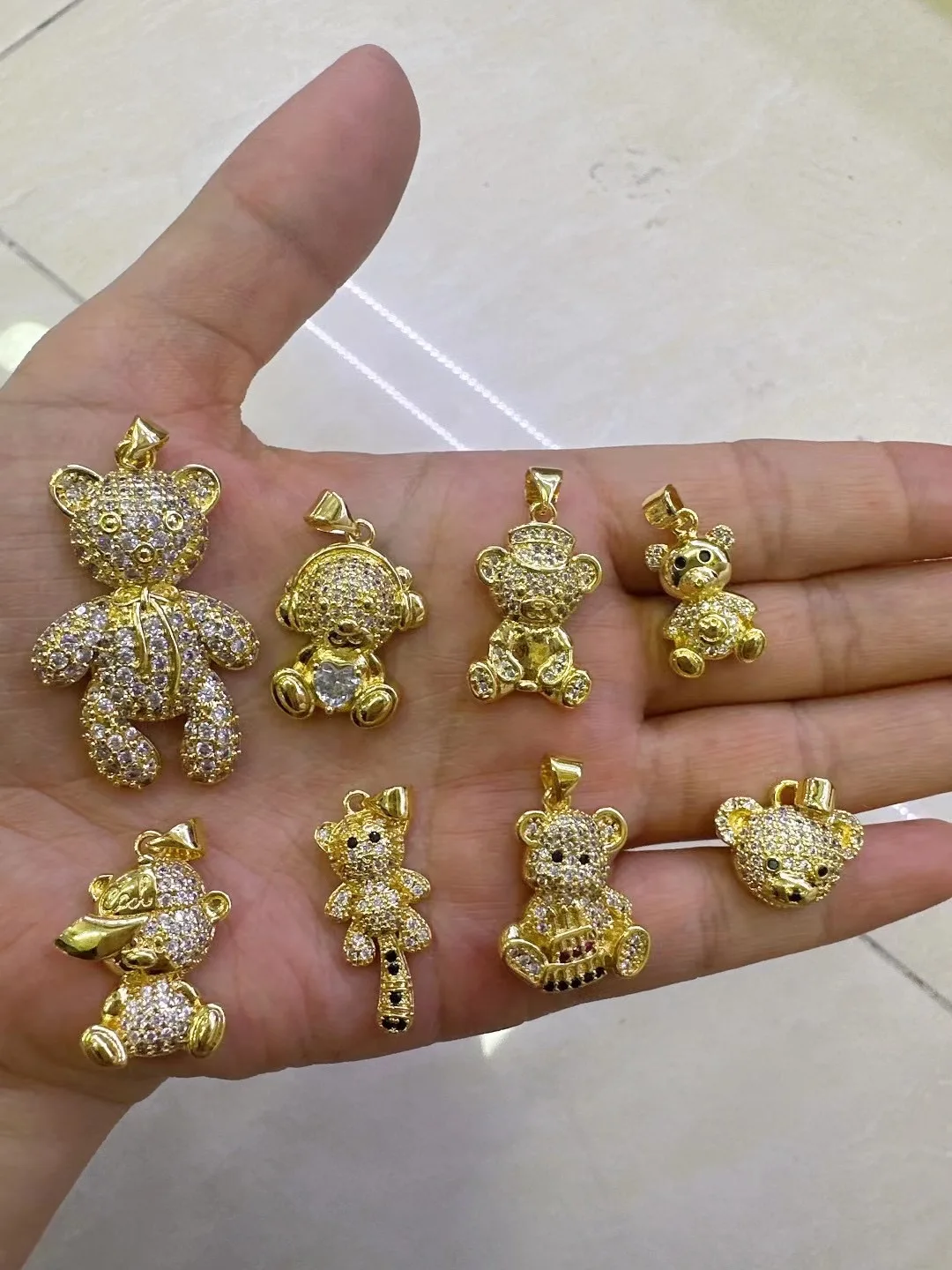 Brass Gold Plated Bling Diamond Crystal Heart Bear Necklace