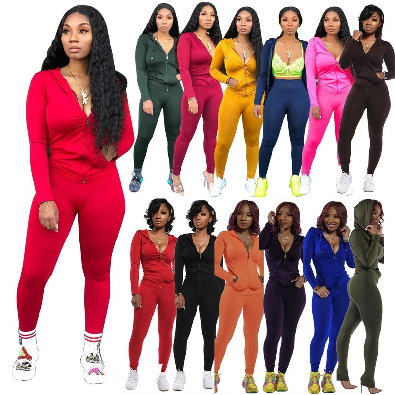 2020 hot selling ladies fashion casual two-piece hooded zipper crop top jacket fitness pants plus size two piece set