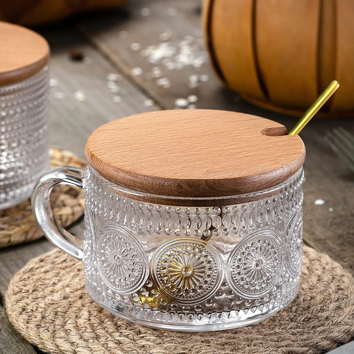 Wholesale 14Oz Clear Embossed Vintage Sunflower Glass Breakfast Milk Oatmeal Cups With Spoon And Lid