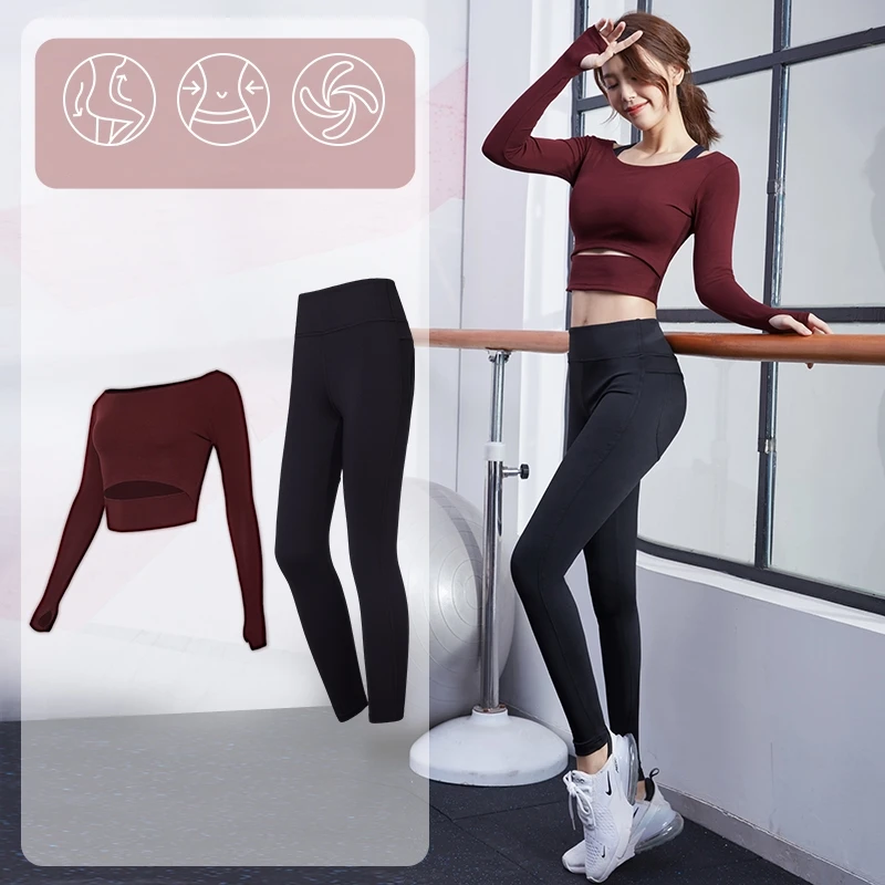 Crop Top and High Waisted Workout Leggings Set Fitness Yoga Suit Womens Long Sleeve Sportswear Fitness & Yoga Wear 1 Set