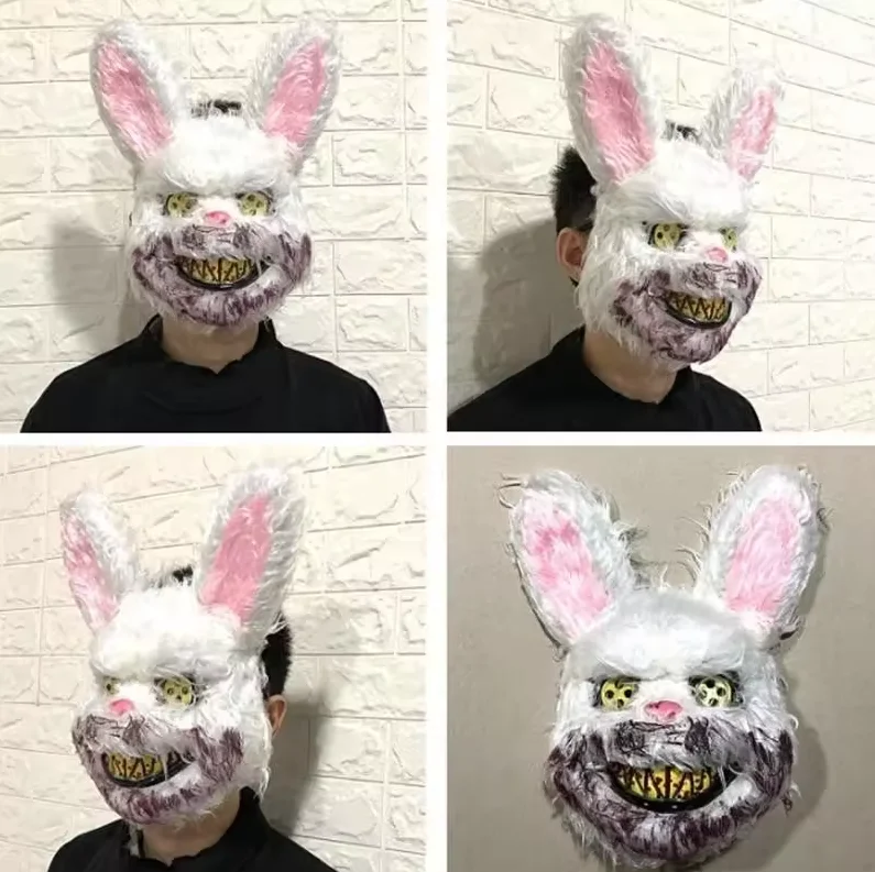 Halloween Bloody Bunny Mask Bloody Plush Creepy Rabbit Animal Head Mask for Cosplay Masquerade Party Supplies