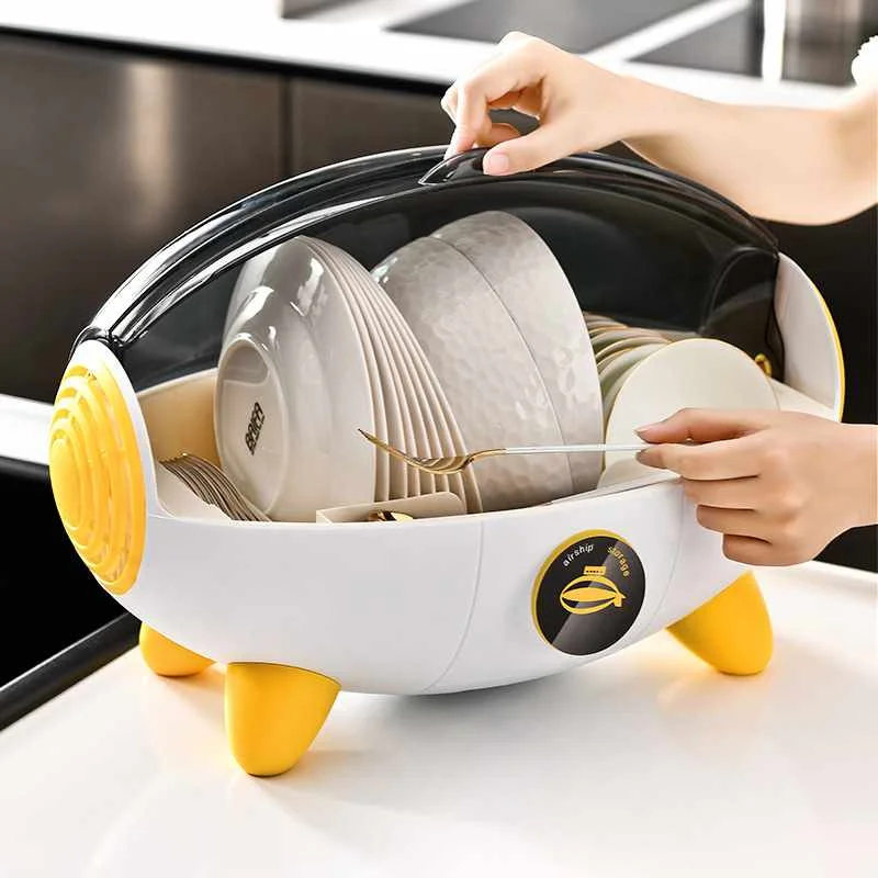 Kitchen space capsule dustproof with cover draining cupboard storage tableware rack creative draining bowl rack