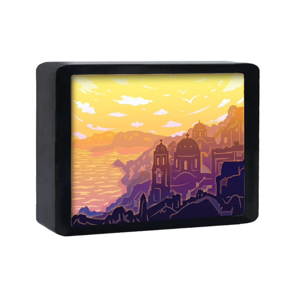 Greece Landscape Laser Cut Paper Lantern Light Shadow Box Frameed Bedroom Decor Night Paper Lights With Glass And Led