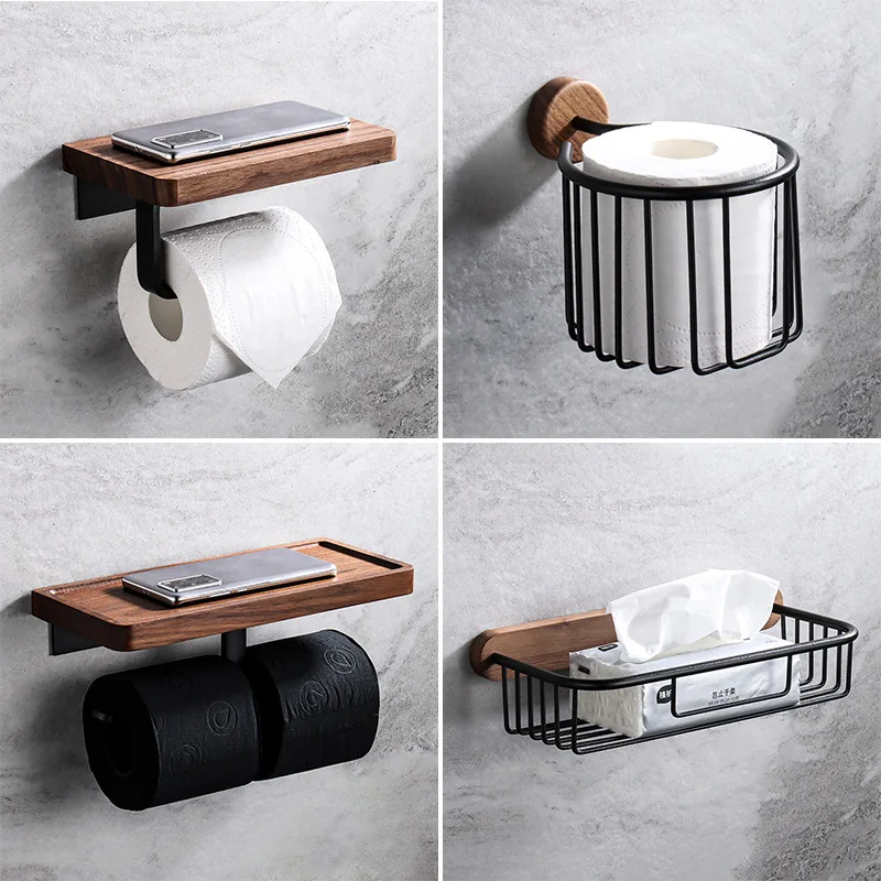 Self-adhesive Tissue Holder with Walnut Wood Phone Shelf Matte black Aluminum Rod Bathroom Toilet Paper Holder
