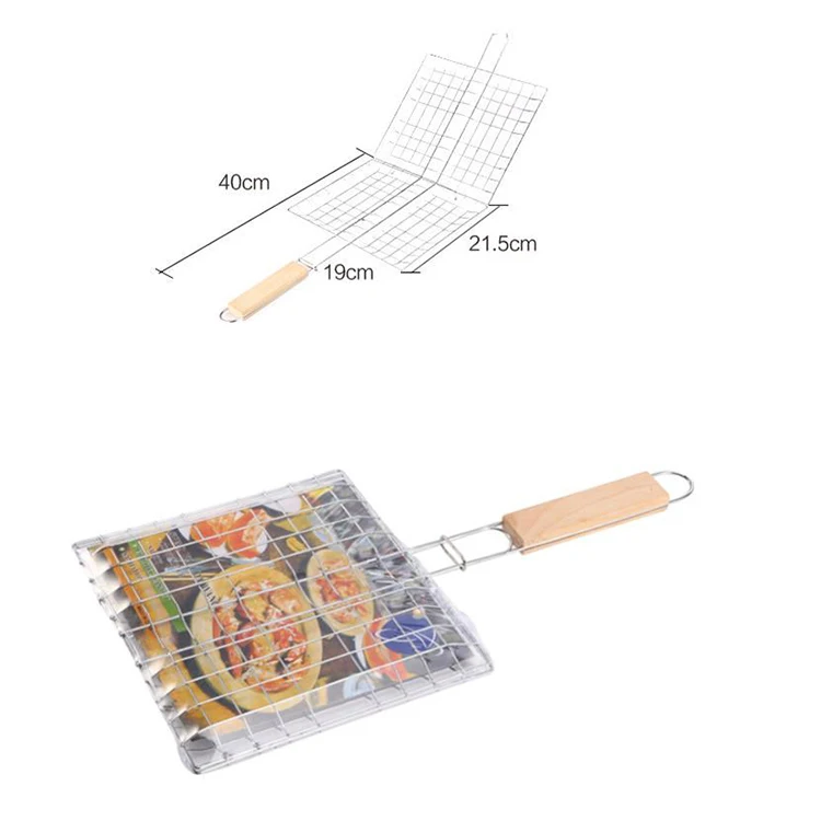 
outdoor grill fish barbecue tools Stainless steel wooden handle square grill net 