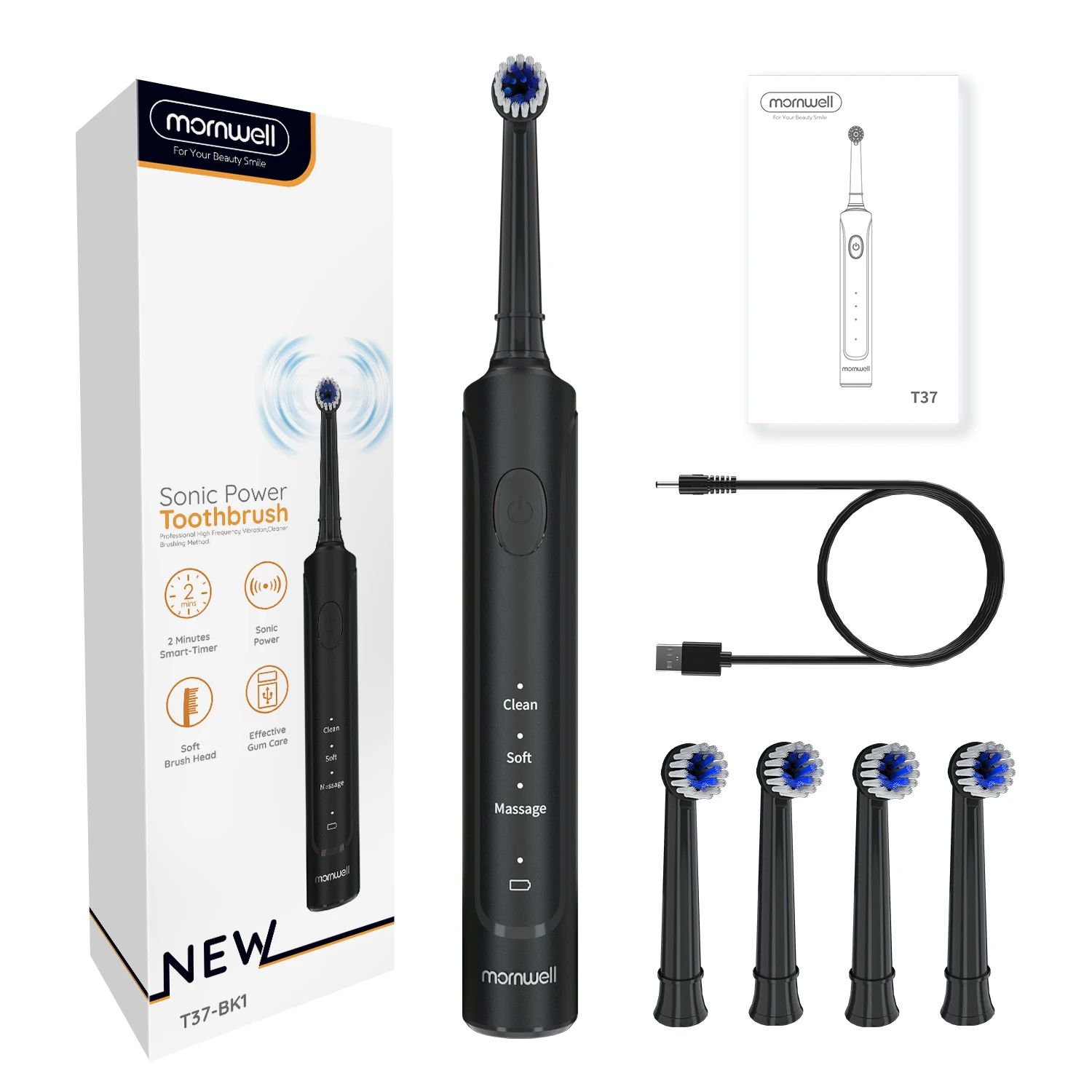 Mornwell Travel Black Rechargeable Oral Whitening B Round Head Rotary Spin 360 Rotating Electric Toothbrush