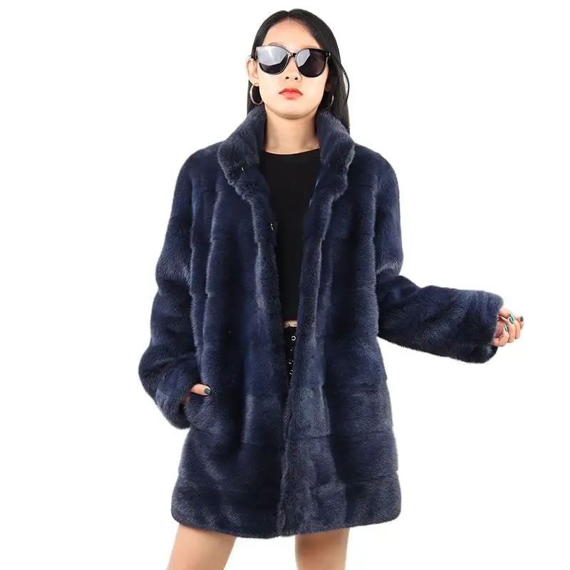 beautiful women mink fur coat with mid long stand collar winter high quality new thick fluffy fur jacket