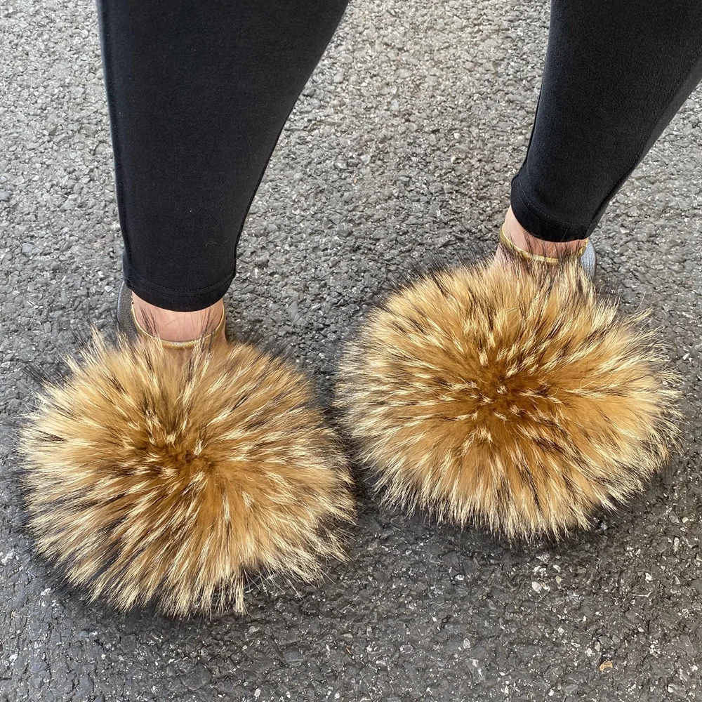 
Wholesale Custom Logo Outdoor ladies Slides Colorful 100% Fluffy Fox Fur Slipper For Women 