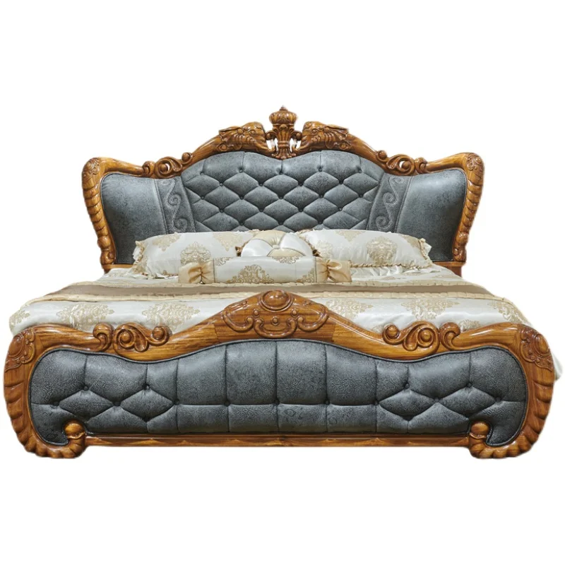 European-style ebony wood genuine leather solid wood bed 1.8m villa master bedroom new Chinese double bed soft pack wedding bed