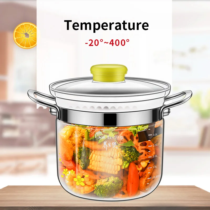 Newly designed borosilicate transparent glass cooking pot set with stainless steel