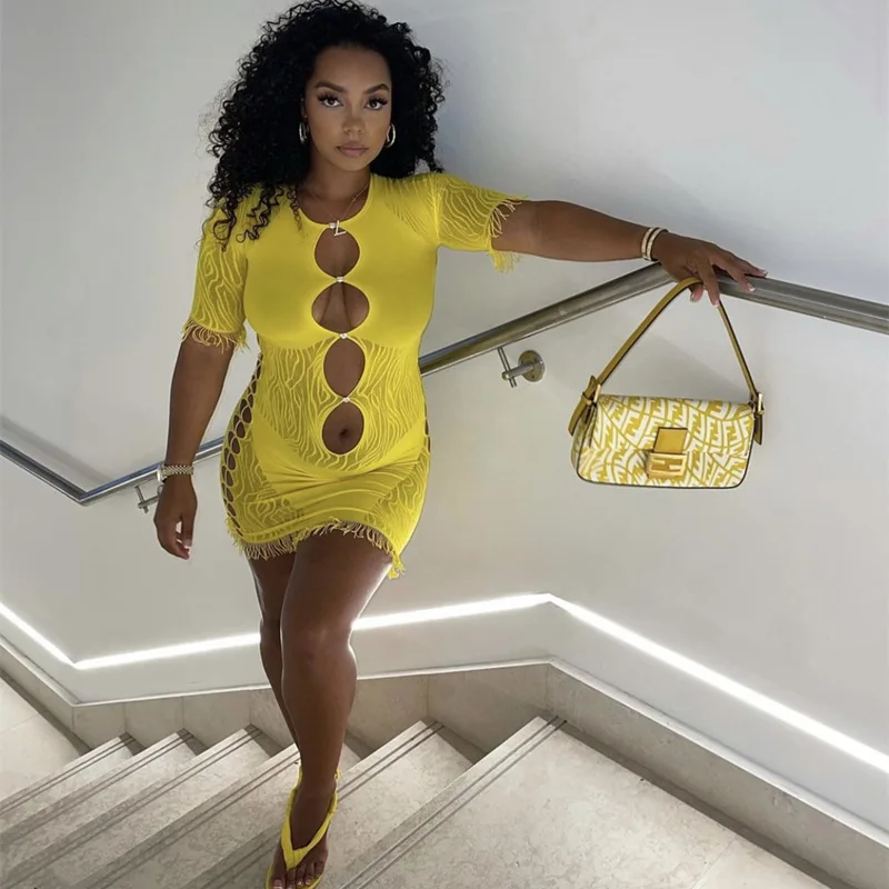 night club purple white tassel lace dresses bandage pink summer bodycon mesh dresses women 2021 party sexy mini