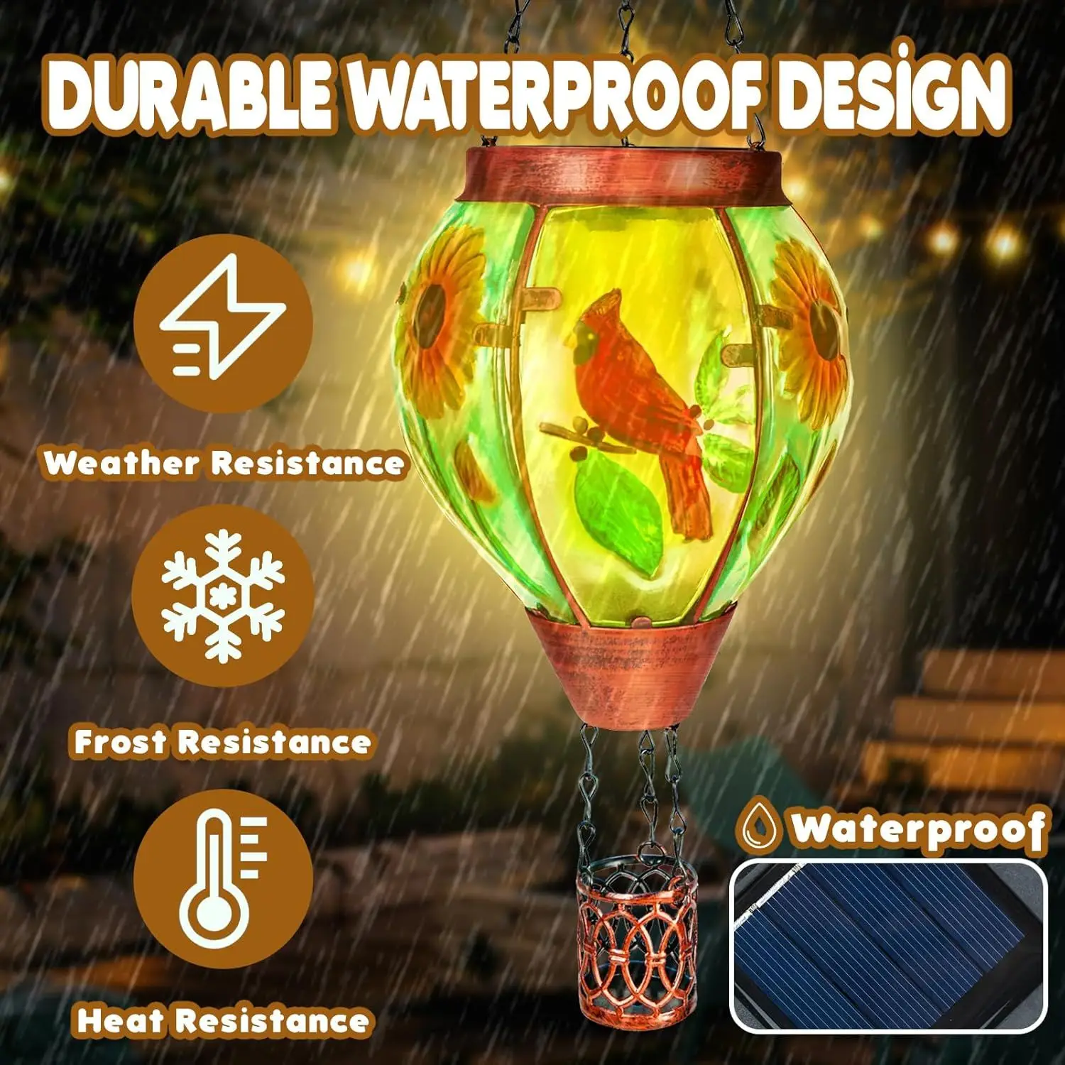 Solar Hot Air Balloon Lantern with Flame Cardinal Glass Outdoor Garden Hanging Solar Lights