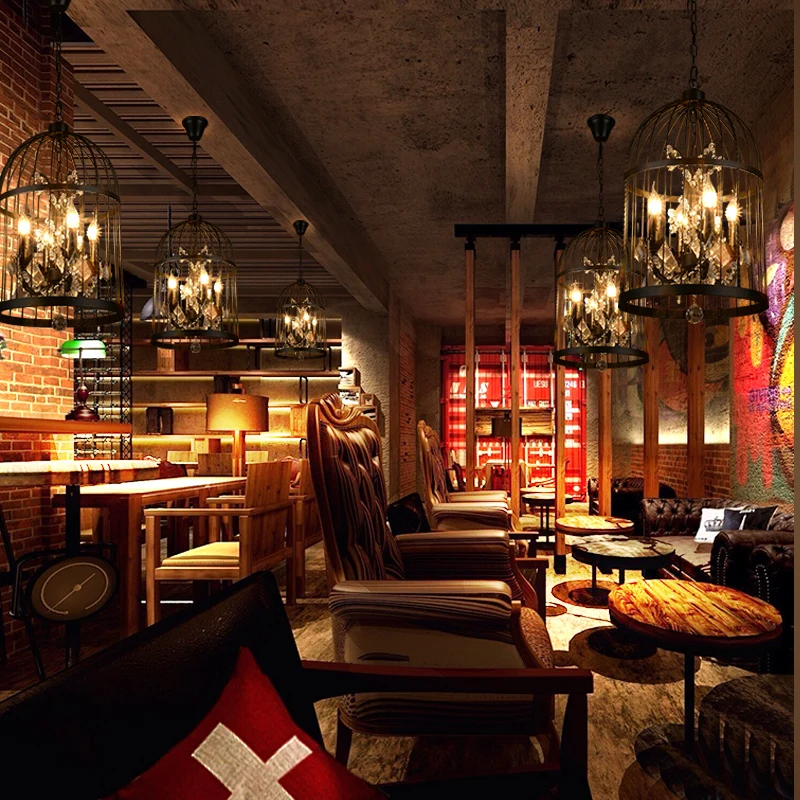 JYLIGHTING Wrought iron American retro restaurant bar personality creative industrial hanging lamps crystal bird cage chandelier